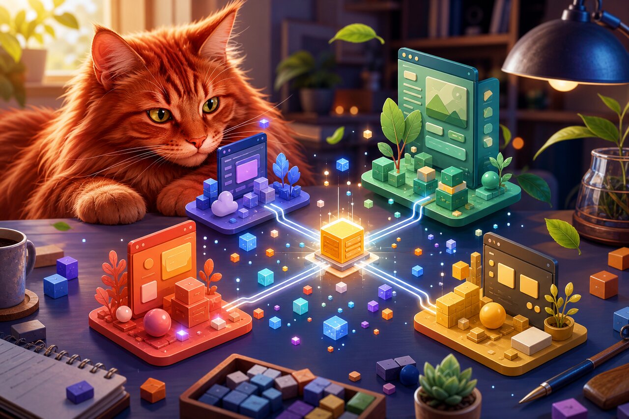 A workspace showing small connected store nodes on a laptop, with a large red Maine Coon cat resting nearby.