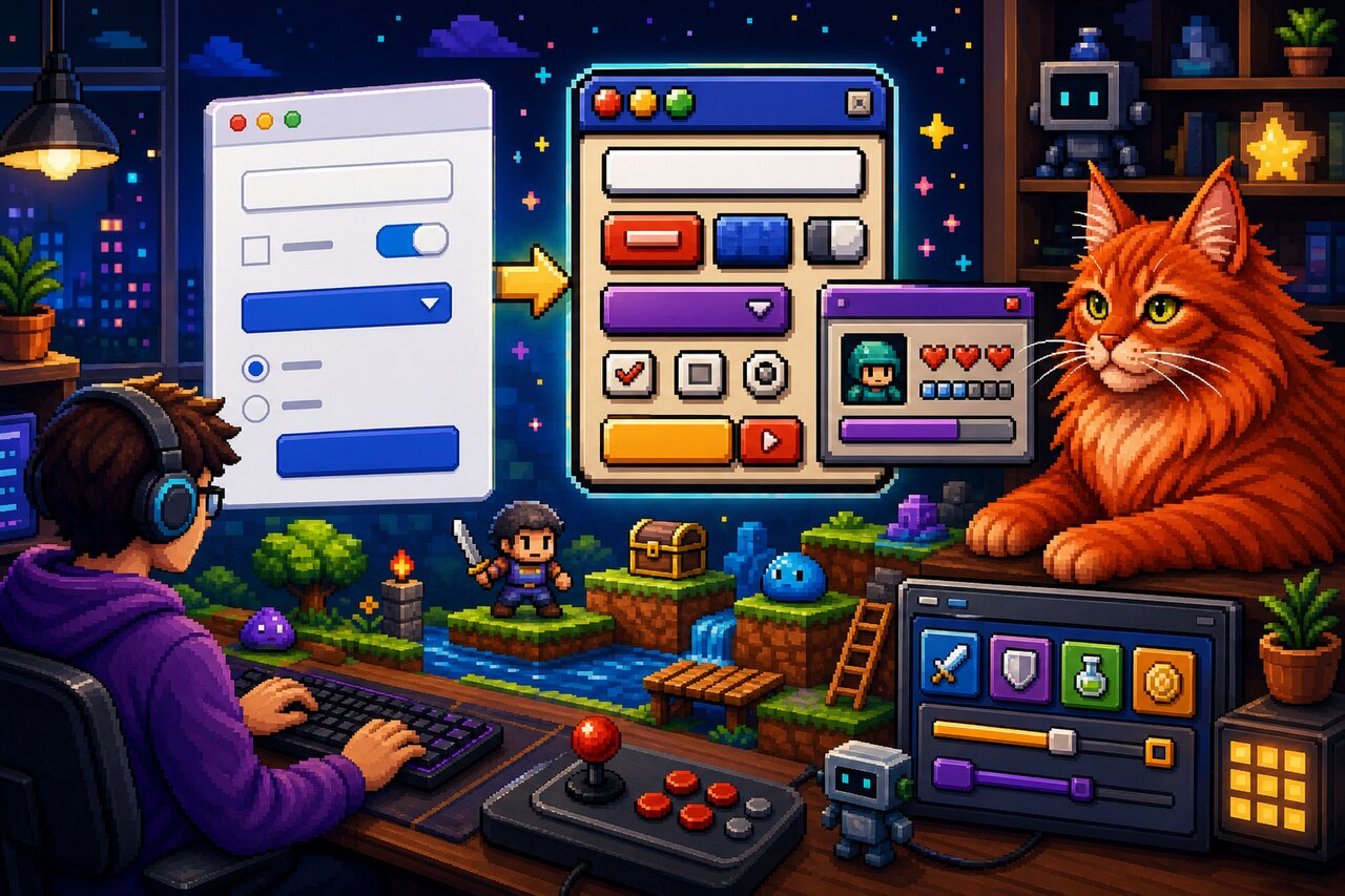 A retro CRT showing an 8-bit menu screen with a red Maine Coon cat asleep next to an NES controller.