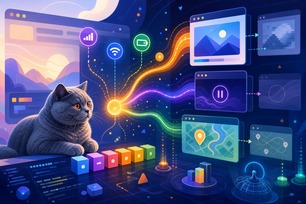 An audio mixing console with equalizer sliders and a gray-blue British shorthair cat watching nearby.