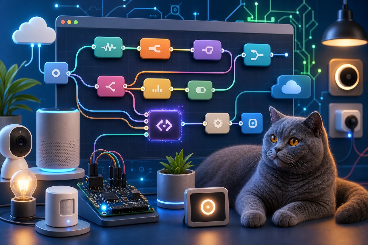 Glowing wires connecting electronic nodes on a workshop bench with a gray-blue cat watching in the background.