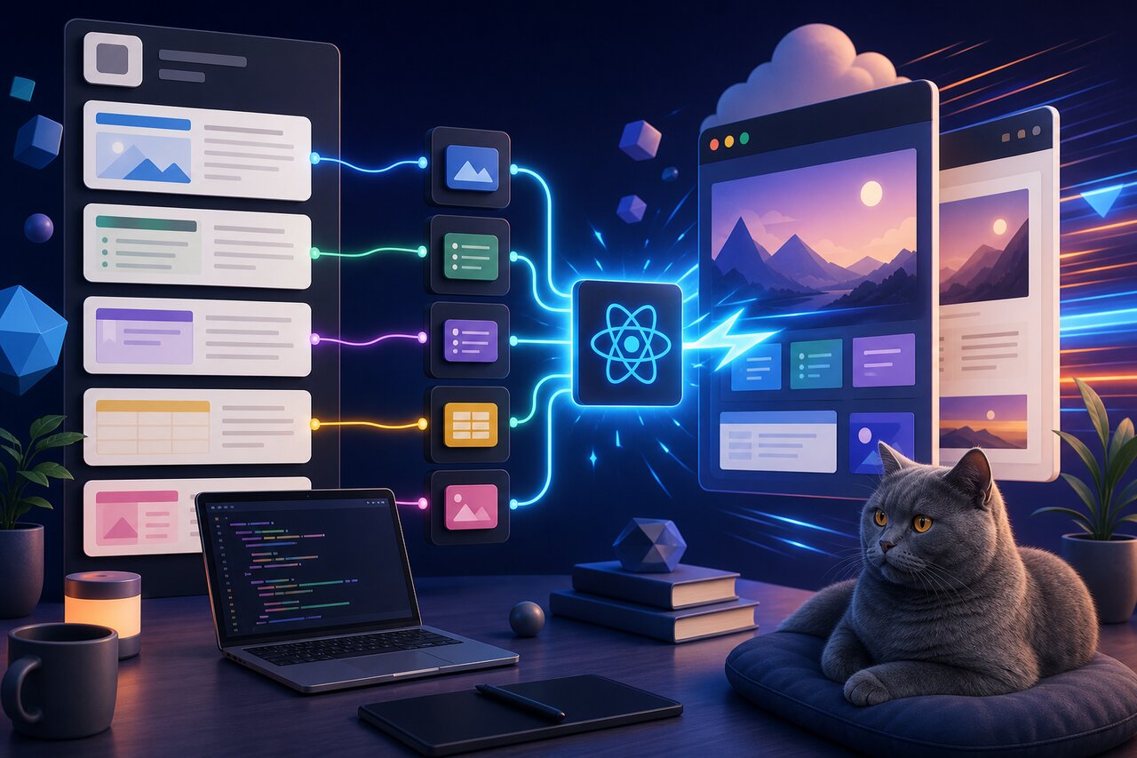 A bright desk scene with a fast-loading web page on screen and a gray-blue British shorthair cat watching from a windowsill.