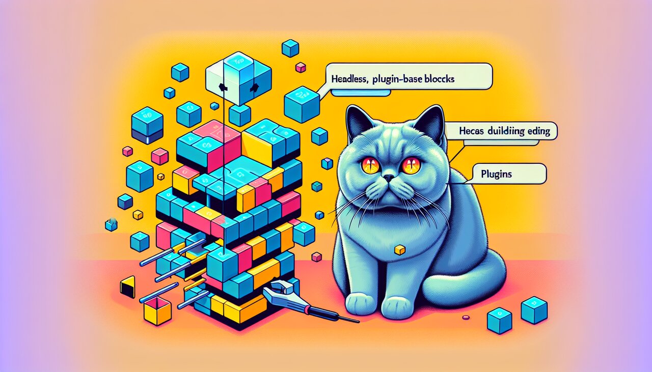 Laptop showing a block-based editor on a writer's desk with plugin icons