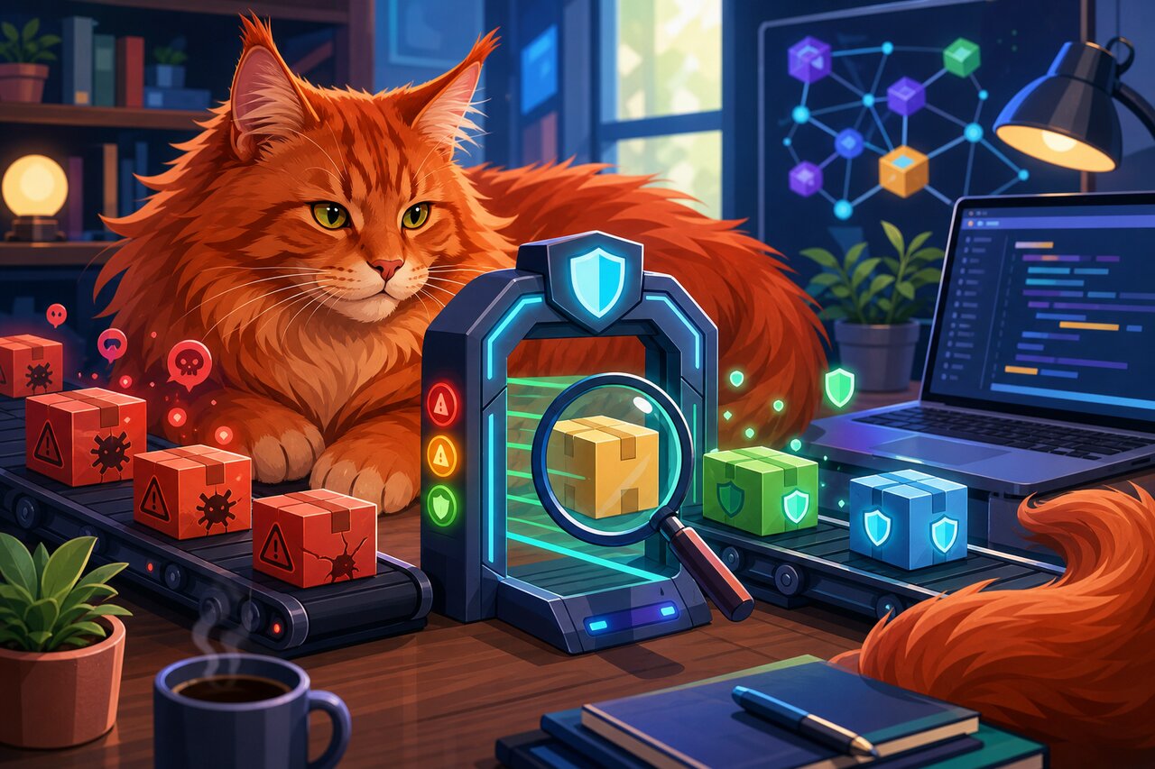 A terminal auditing an npm package with warning badges, a red Maine Coon cat watching from the desk edge.