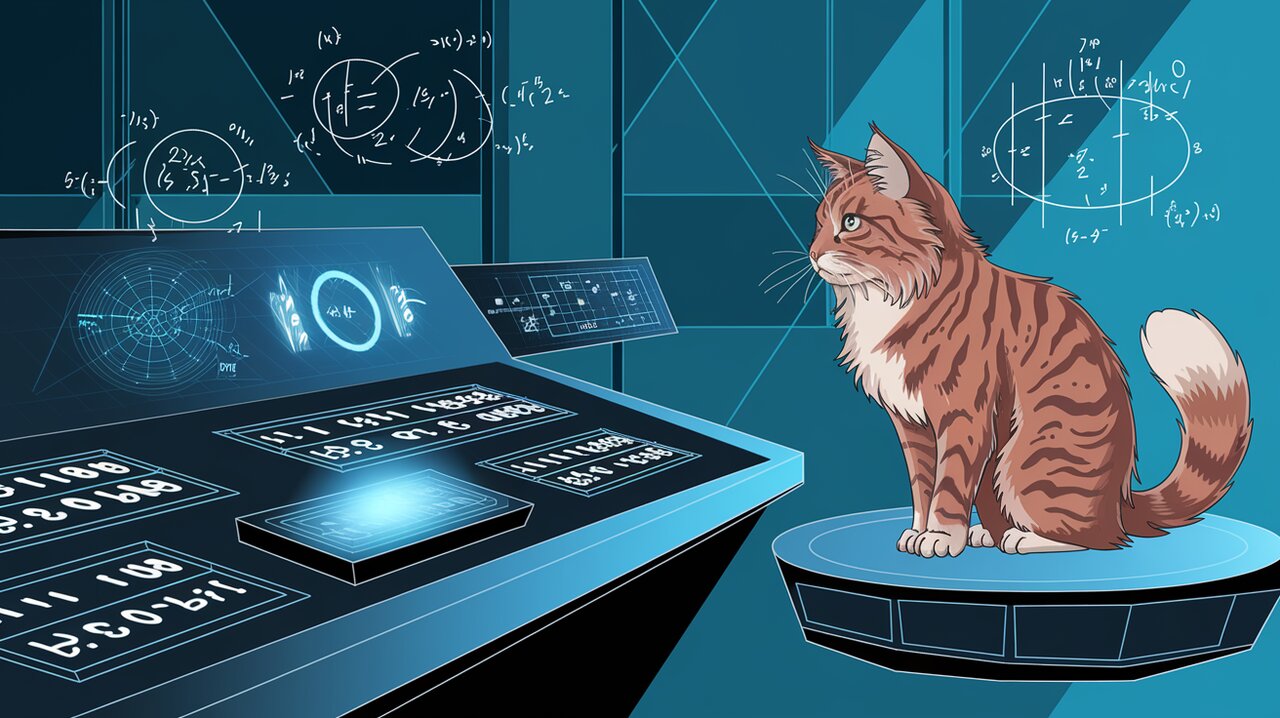 Futuristic numeric input control panel with holographic displays and a curious maine coon cat