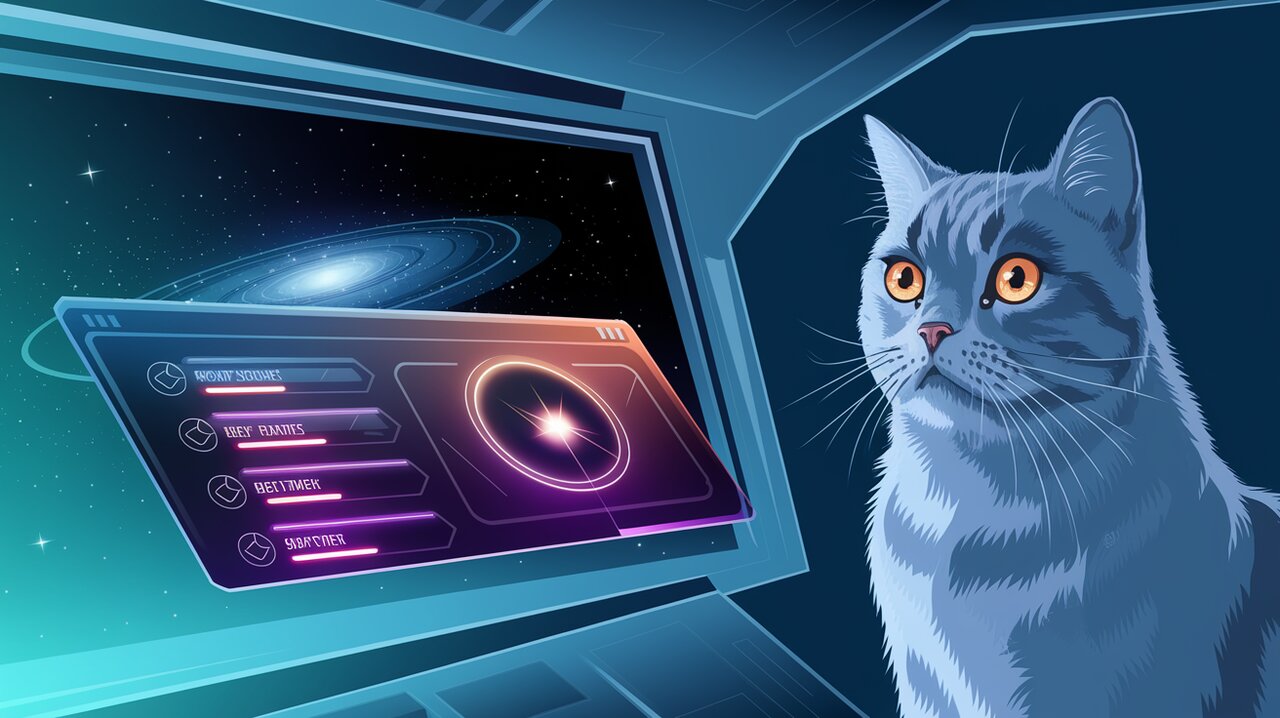 Futuristic spaceship control panel with offcanvas menu and observing cat