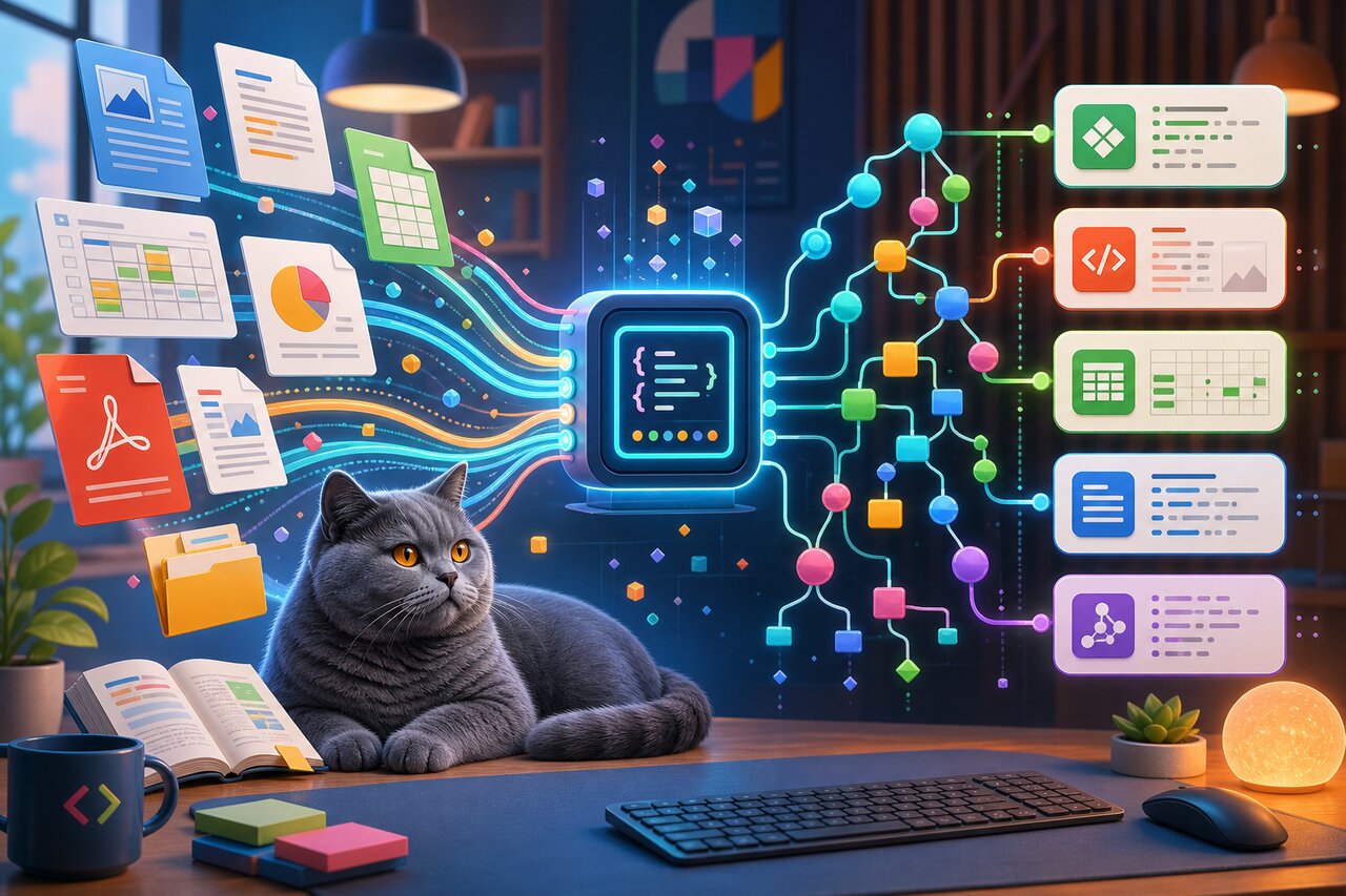 Many document types funneling into one organized output on a desk, with a gray-blue cat watching from the windowsill
