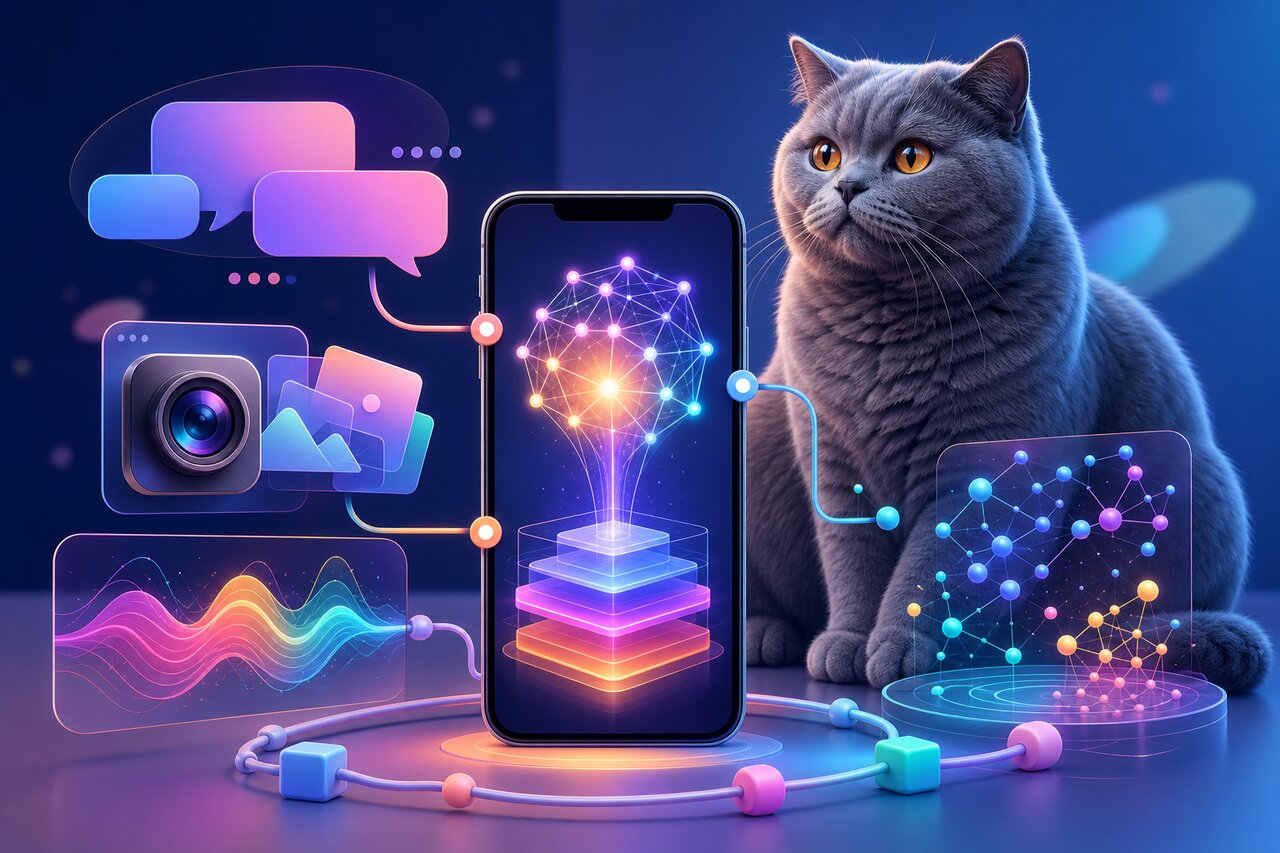 A phone running an offline AI assistant on a desk, with a gray-blue British shorthair cat observing nearby.