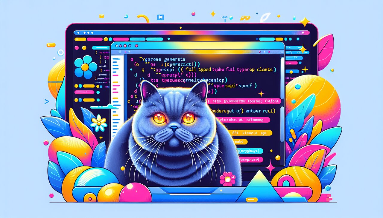 Futuristic control room with holographic TypeScript interfaces auto-generating from API specs