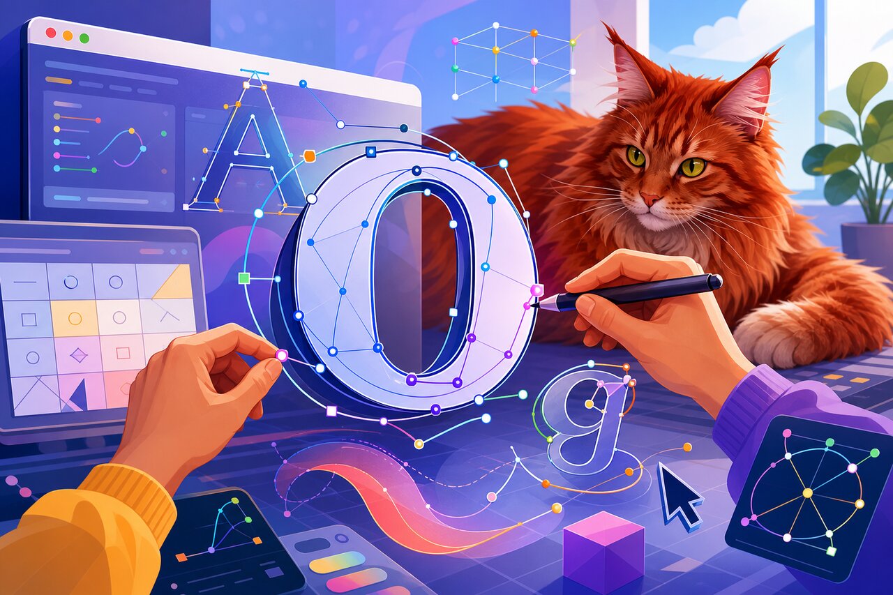 A type designer's desk showing letterforms becoming vector node points, with a large red Maine Coon cat resting on font catalogs nearby.