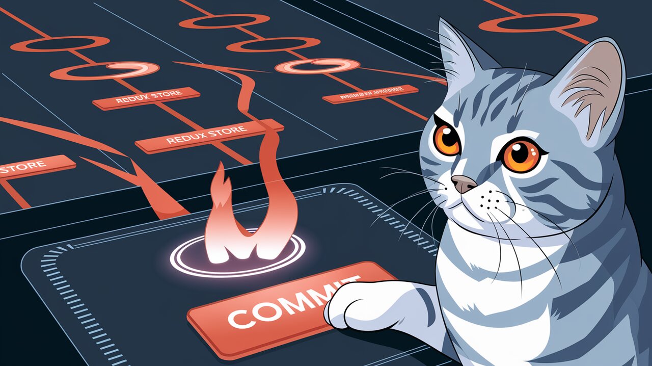 Futuristic Redux time-travel control panel with a cat