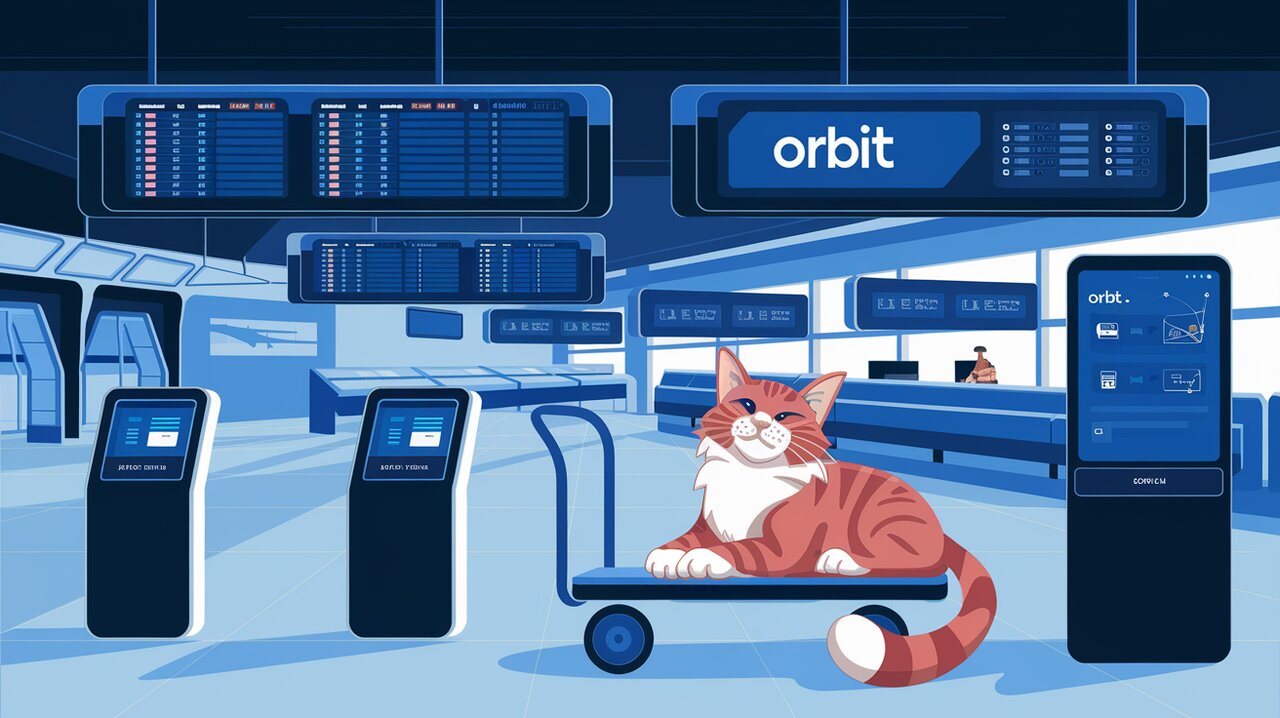 Futuristic airport terminal showcasing Orbit components with a maine coon cat