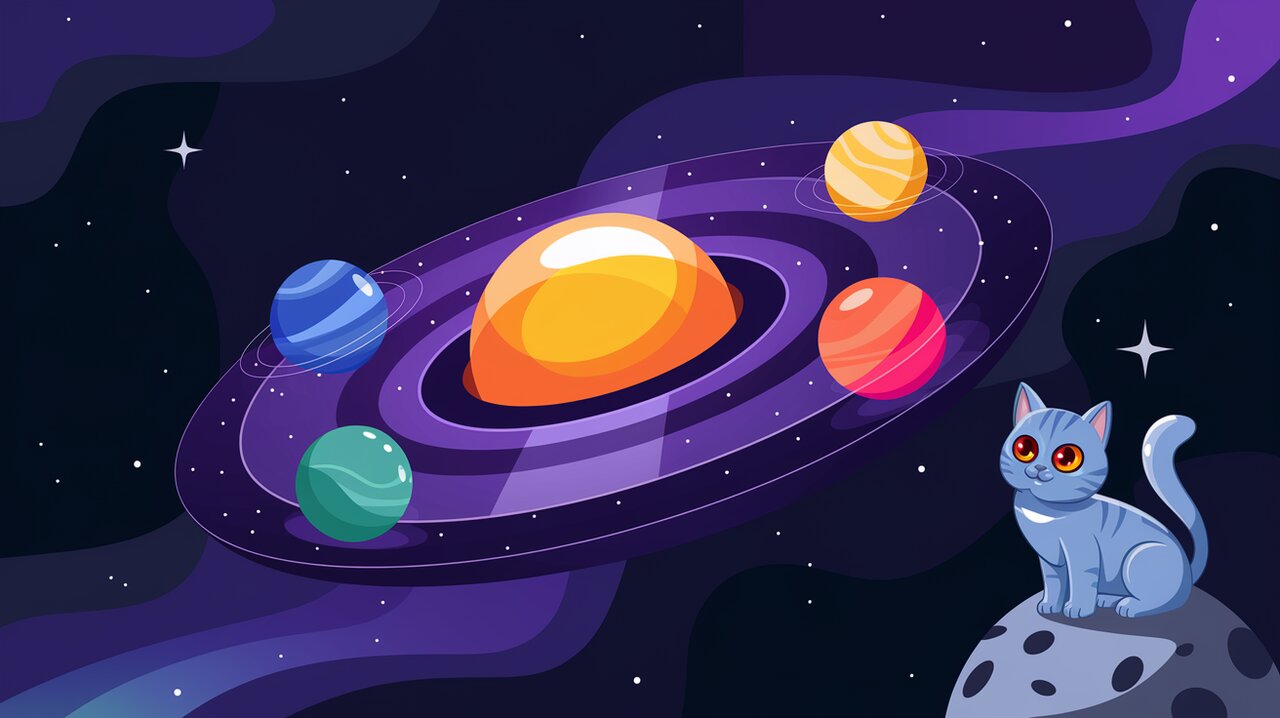 Cosmic circular menu with orbiting planet buttons in space