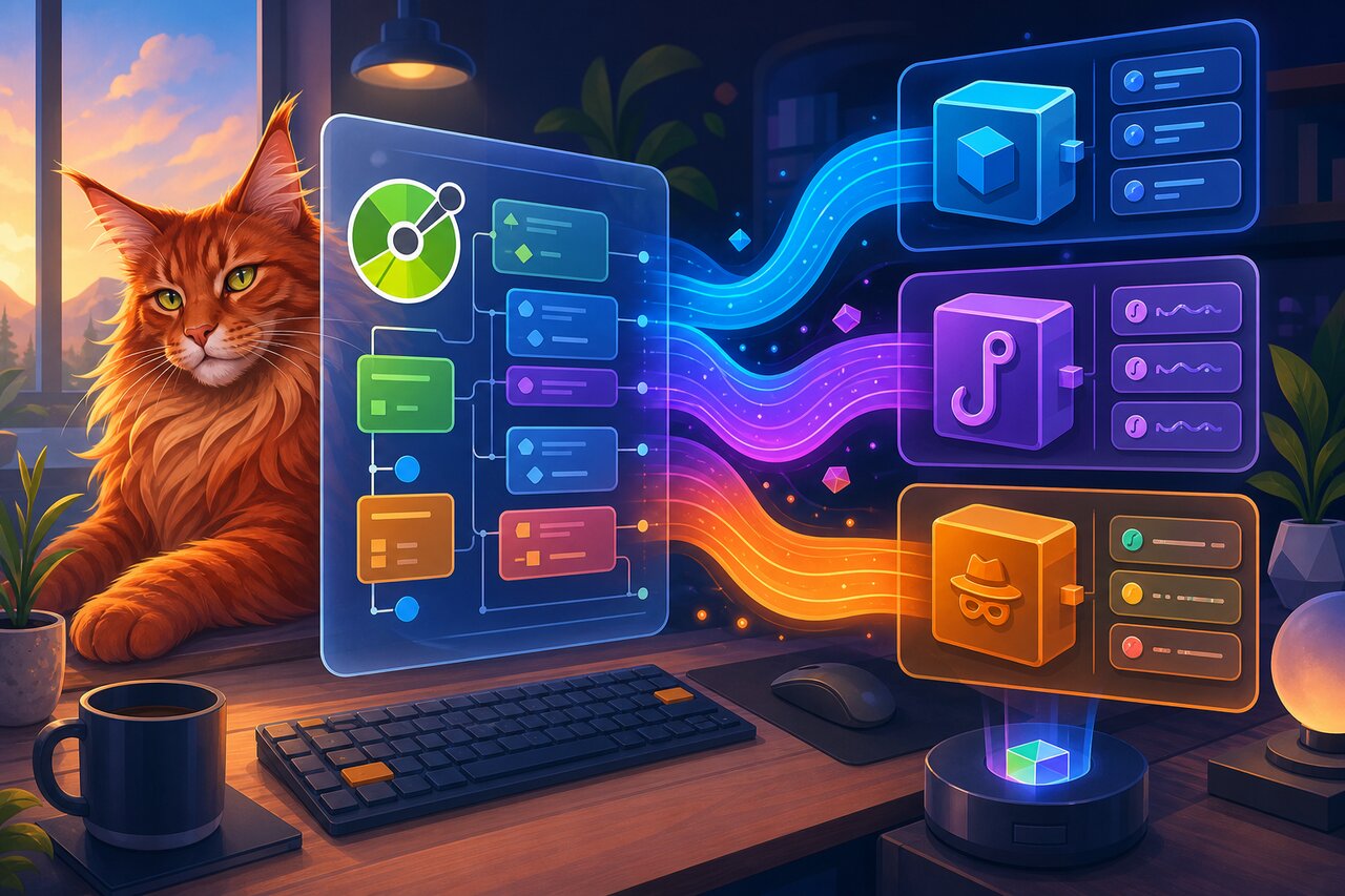 A machine pouring type-safe TypeScript code from an OpenAPI blueprint, with a large red Maine Coon cat resting nearby.