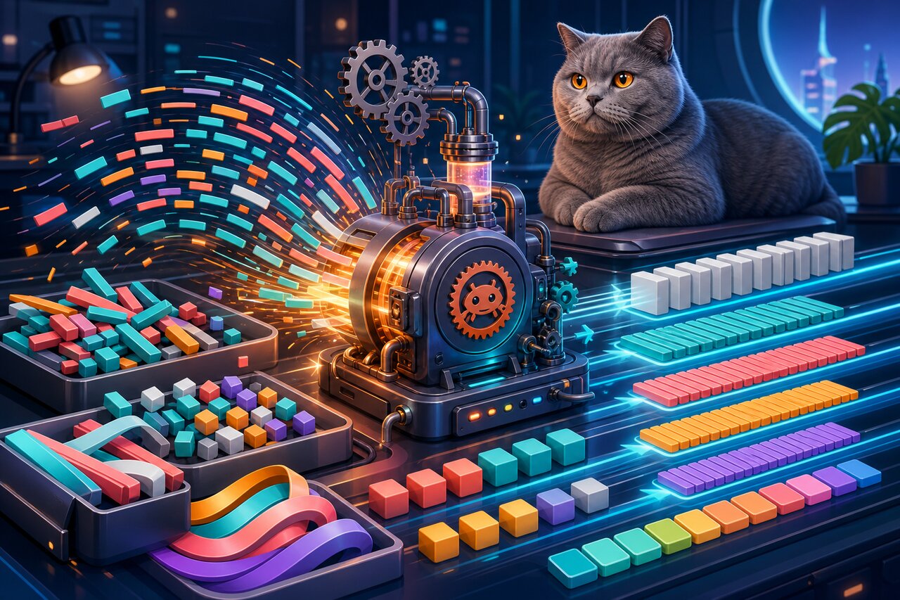 A fast stream of formatted code on a monitor with a gray-blue cat watching calmly from the desk.