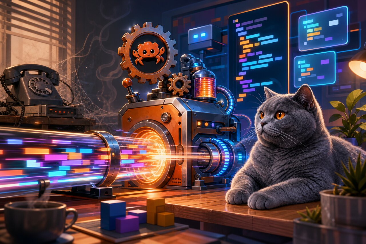 A fast-spinning orange gear among still cogs, with a gray-blue British shorthair cat watching from a windowsill.