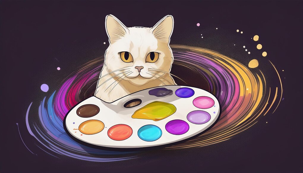 Digital artist's palette with React logo and playful cat