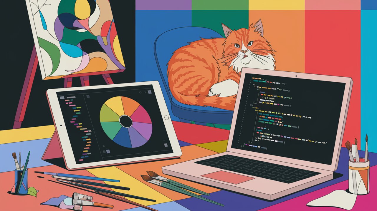 Colorful workspace with digital and traditional art tools, representing @uiw/react-color usage