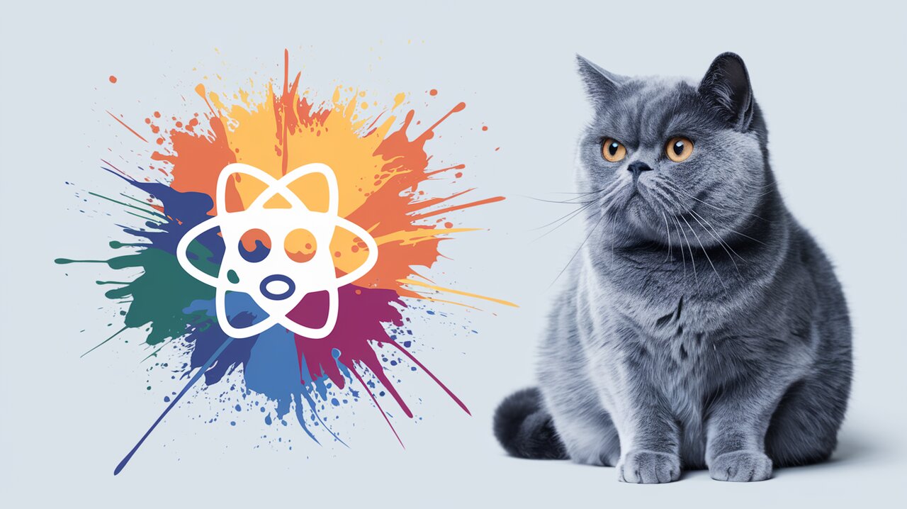 React logo surrounded by colorful paint splatters and brushstrokes