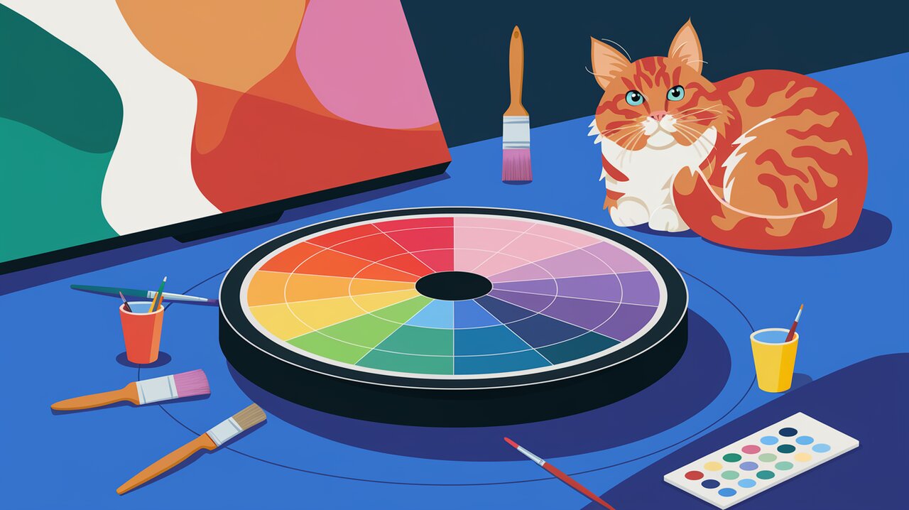 Interactive color wheel in a digital art studio with colorful tools and a cat