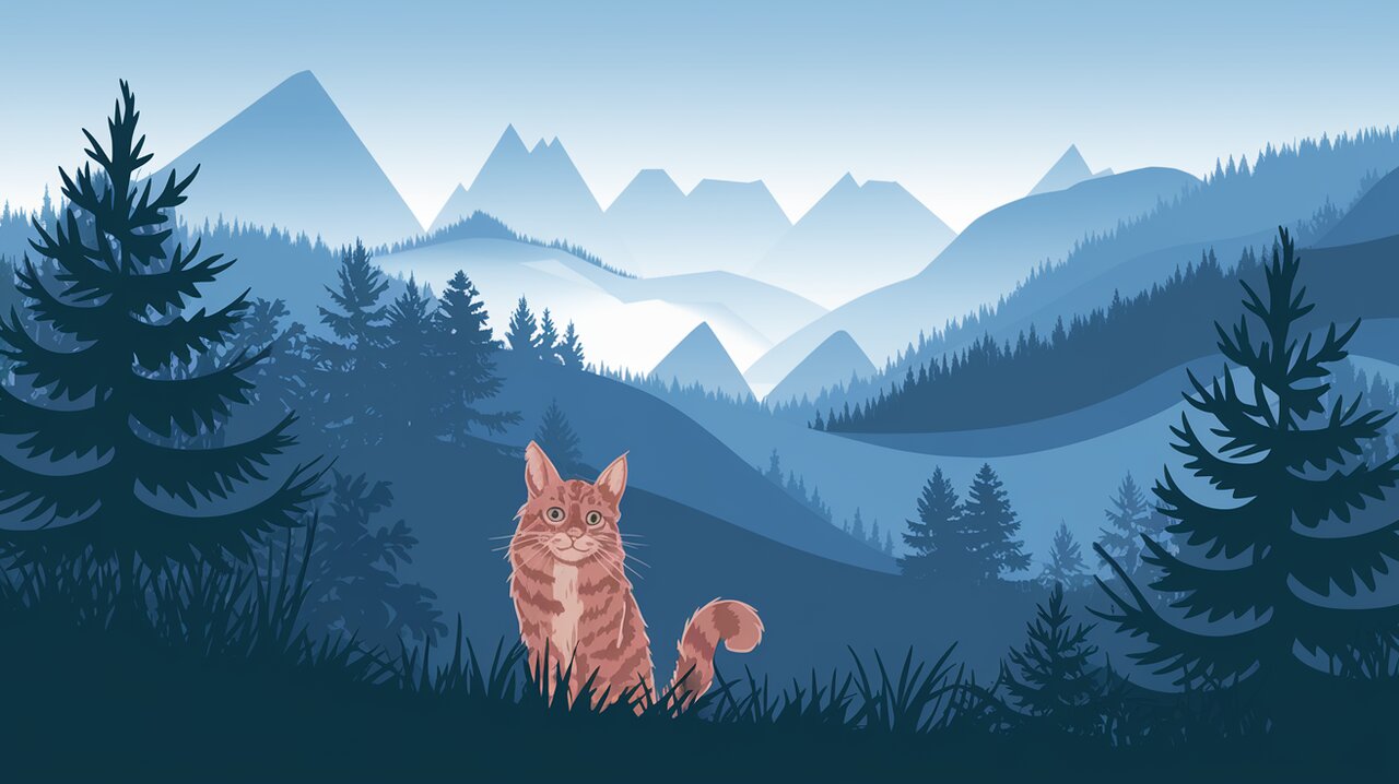 Parallax mountain scene with hidden maine coon cat