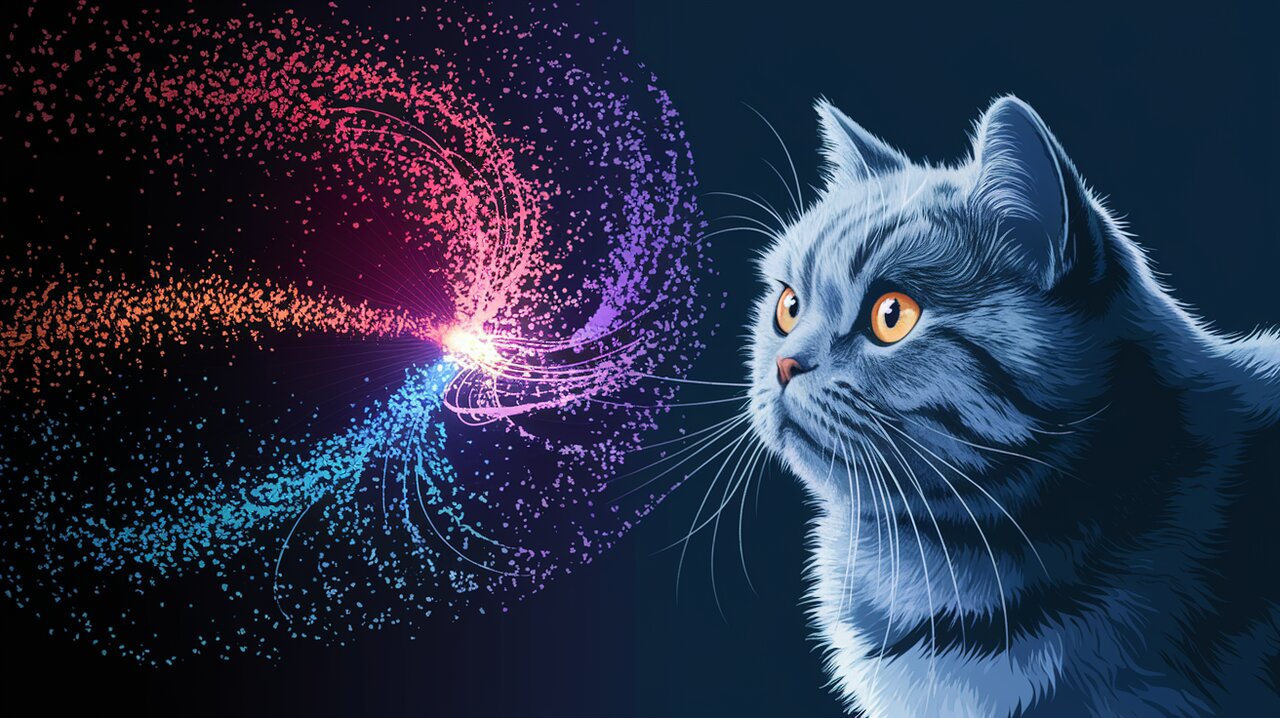 Colorful particle animation with observing cat