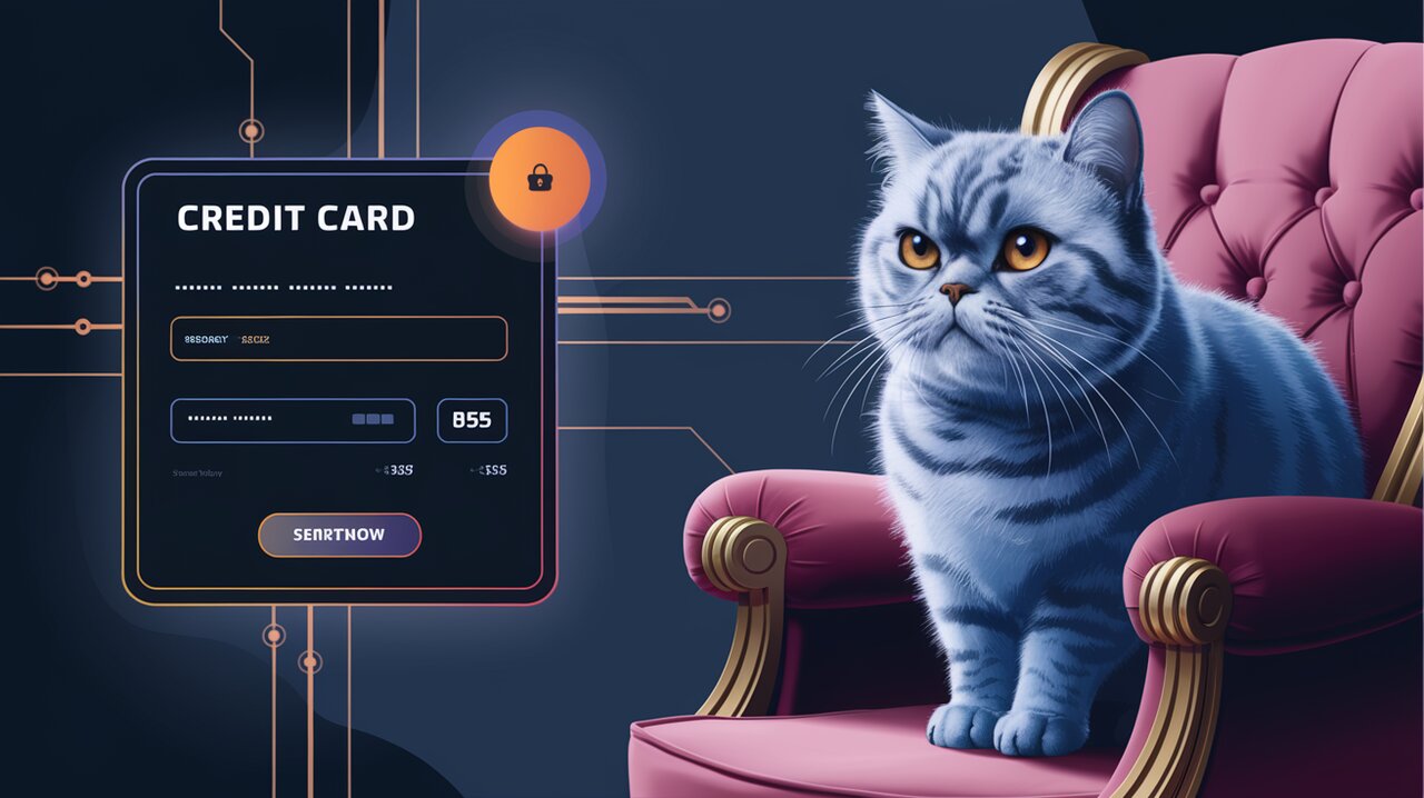 Stylized credit card form with real-time validation and a British shorthair cat