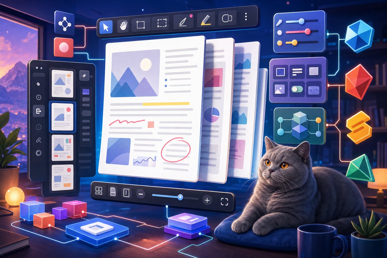 A tablet showing a paginated document beside fanned paper sheets, with a calm gray-blue cat resting on the windowsill behind it.