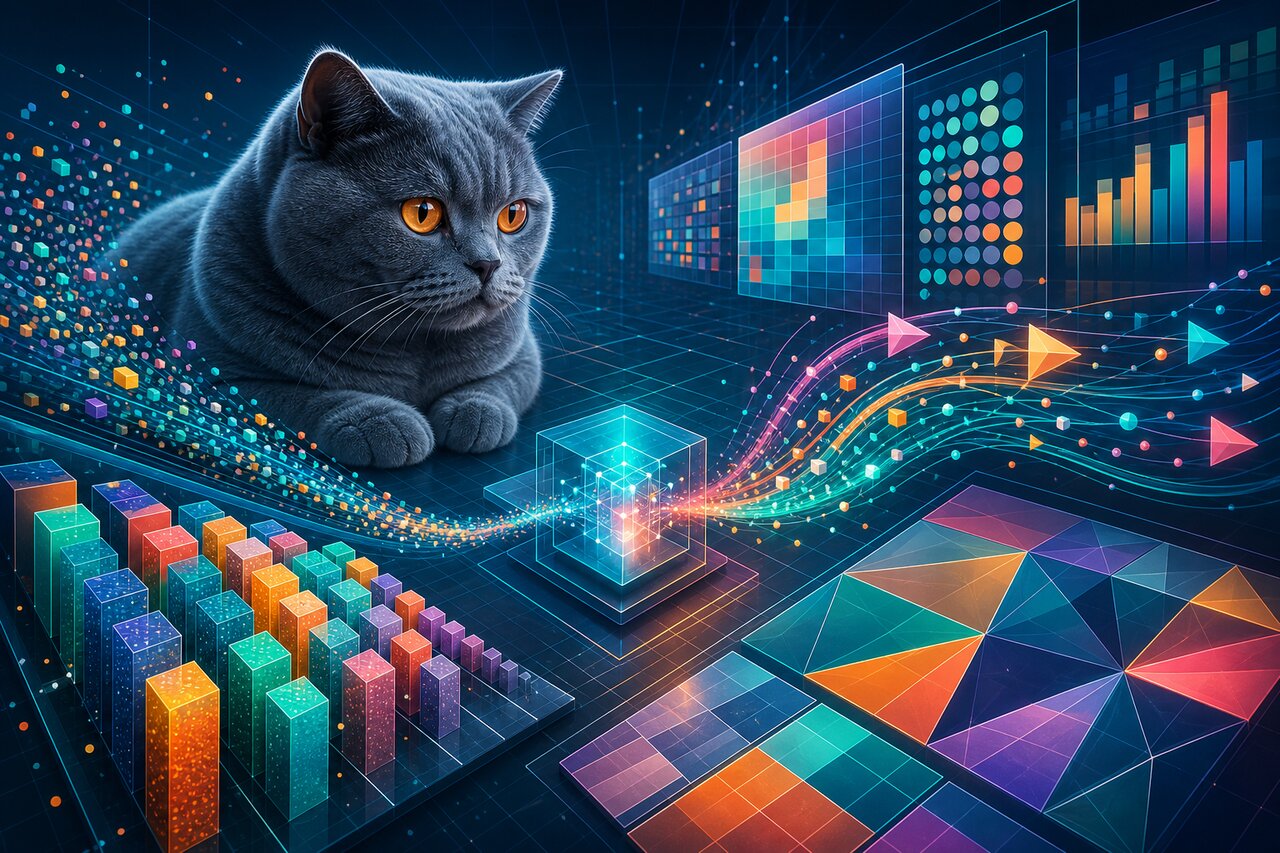 A streaming analytics dashboard with charts and a data grid, a gray-blue British shorthair cat watching nearby.