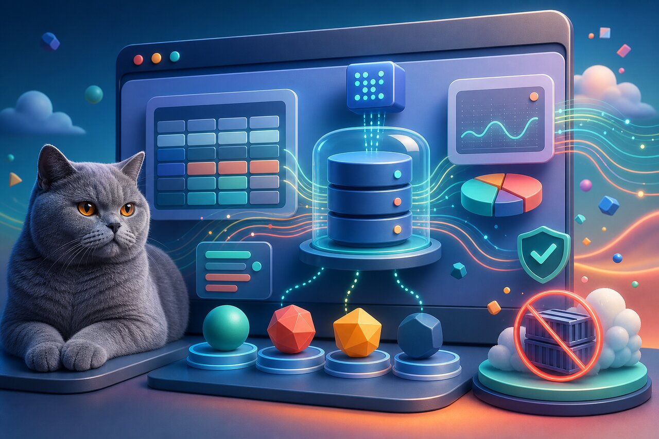 A laptop showing a database schema on a desk at dusk, with a gray-blue cat resting on the windowsill behind it.