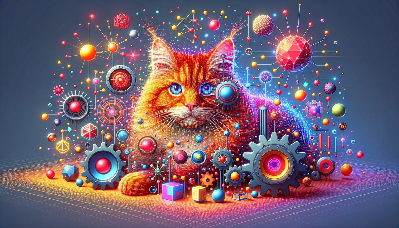 Colorful 3D physics objects bouncing across a low-poly landscape