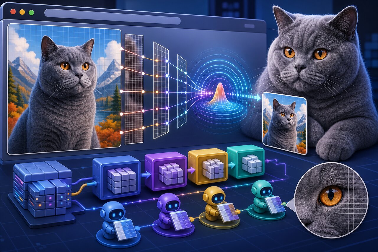 A large photo being resized into a row of sharp thumbnails on a corkboard, with a gray-blue cat watching from a windowsill.
