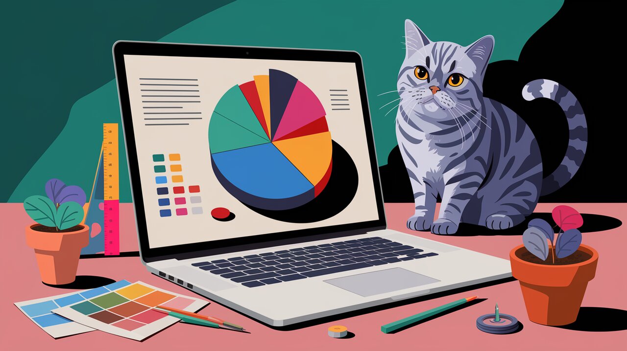 Minimalist workspace with laptop showing colorful pie chart, surrounded by data visualization tools