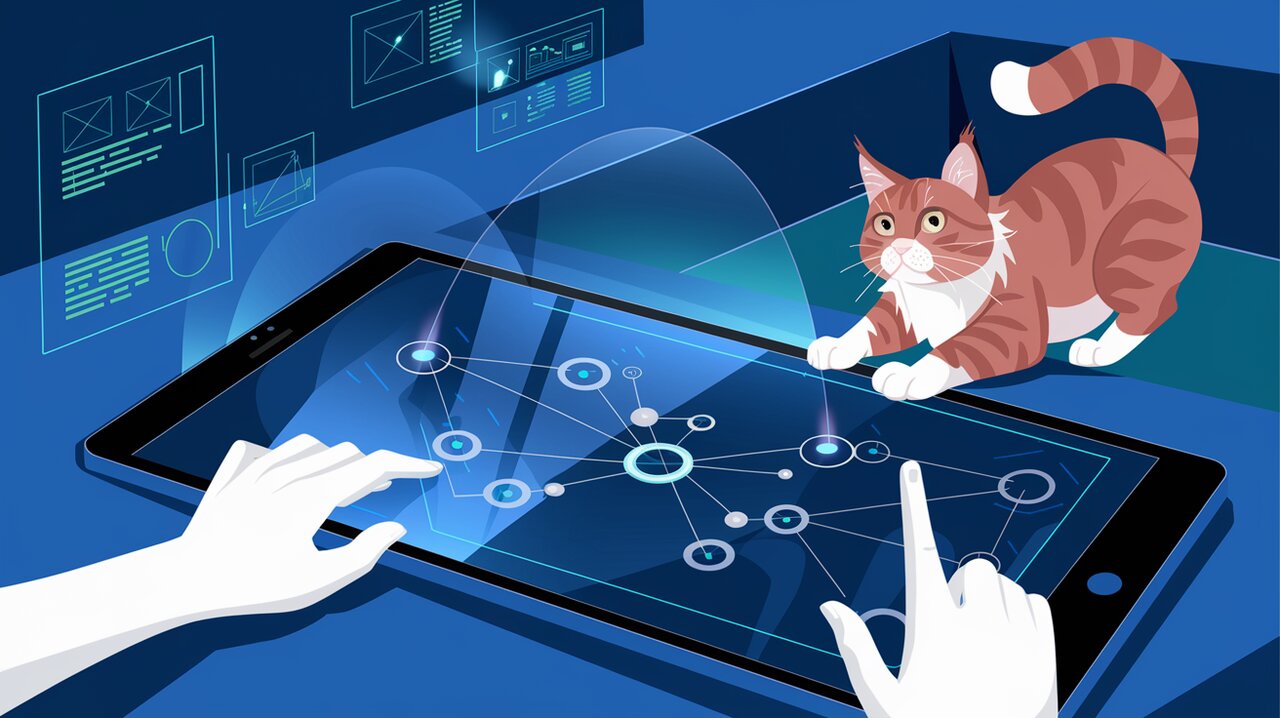 Futuristic touch interface with pinch-zoom-pan capabilities and a maine coon cat observing