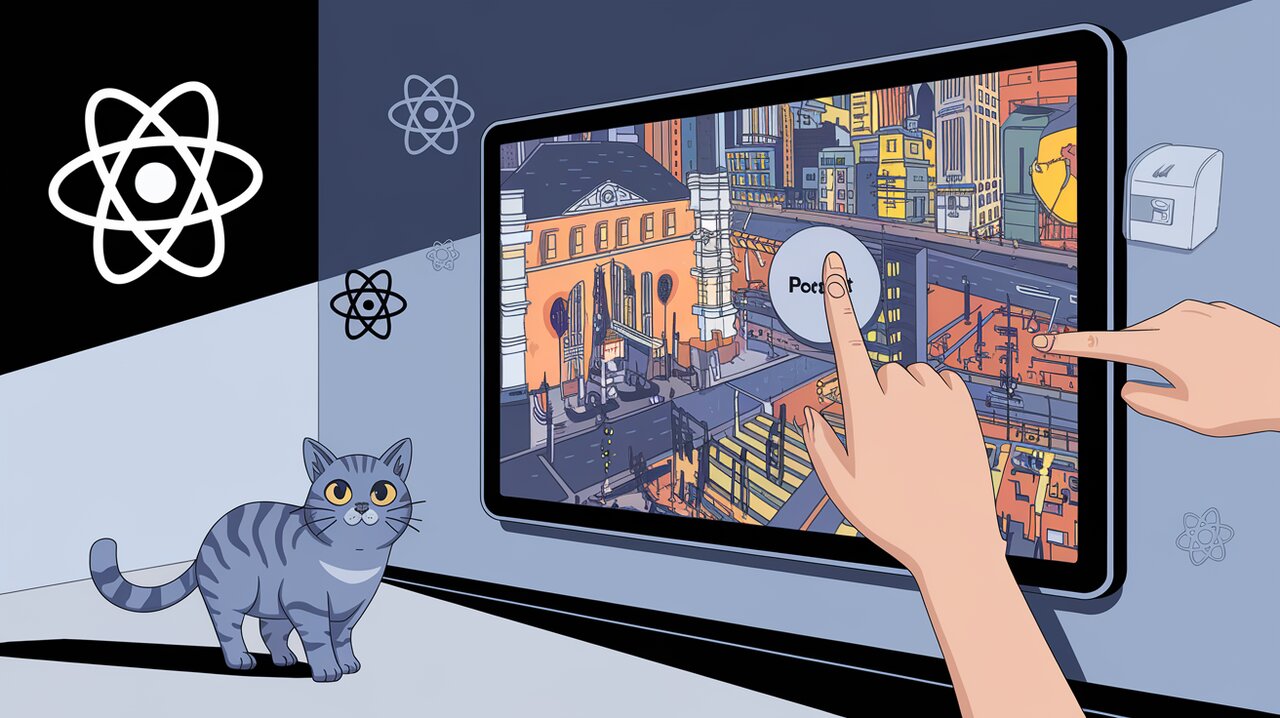 Hands interacting with a large touchscreen, demonstrating zoom and pan gestures on a cityscape image, surrounded by floating React logos