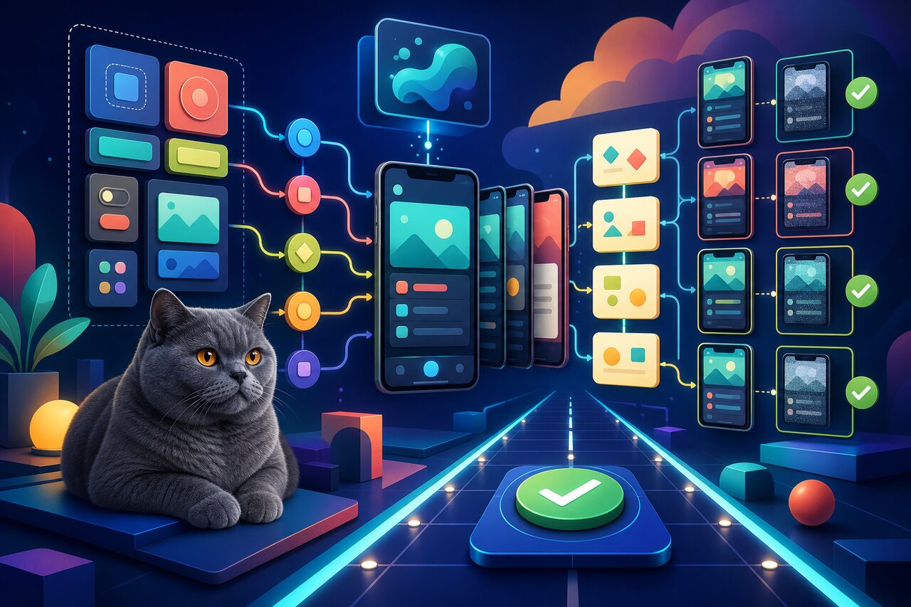 A developer's desk with a monitor showing a grid of phone-screen test thumbnails, a boarding pass, and a calm gray cat watching from a shelf.
