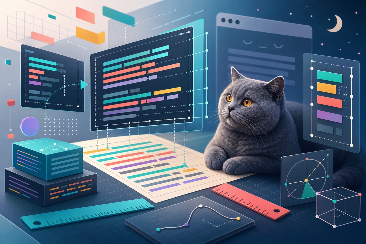 Floating rows of multilingual glyphs aligning on measurement guides, with a calm gray-blue cat watching from a shelf in the background.