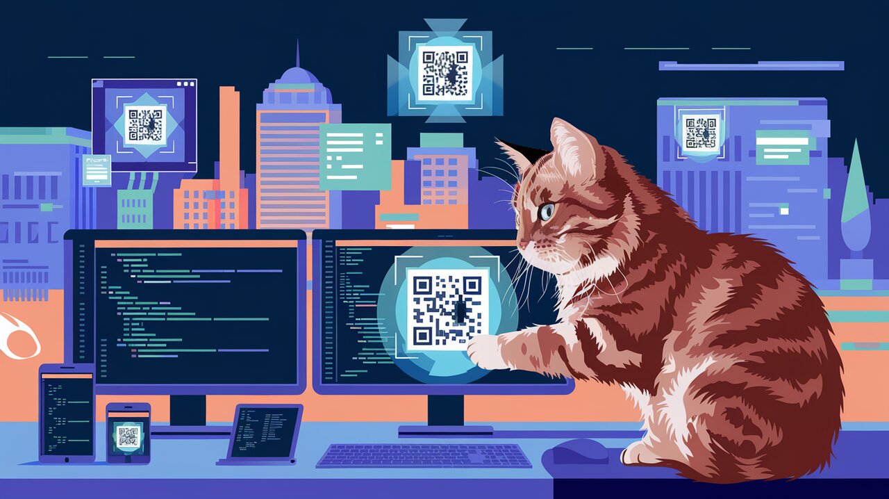 Futuristic cityscape with holographic QR codes and developer workspace