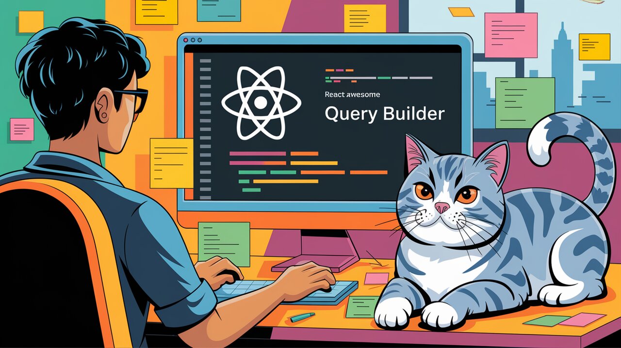 Developer using React Awesome Query Builder with a cat nearby