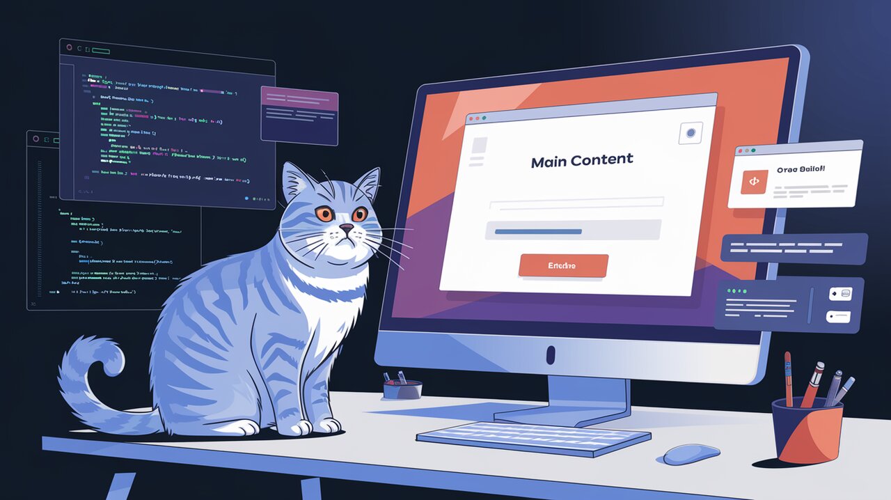 Radix Dialog component visualization with floating UI elements and a British shorthair cat