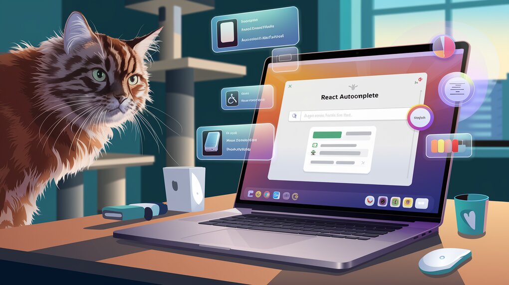 React Autosuggest features illustrated on a laptop screen with holographic icons
