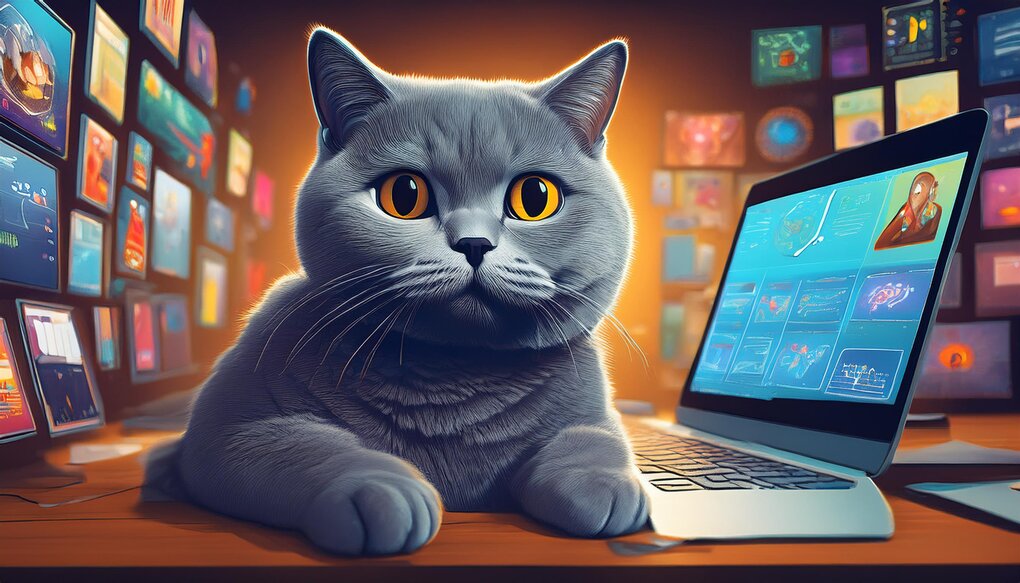 A gray cat sitting on a desk surrounded by images and a laptop displaying a React Avatar Editor interface.