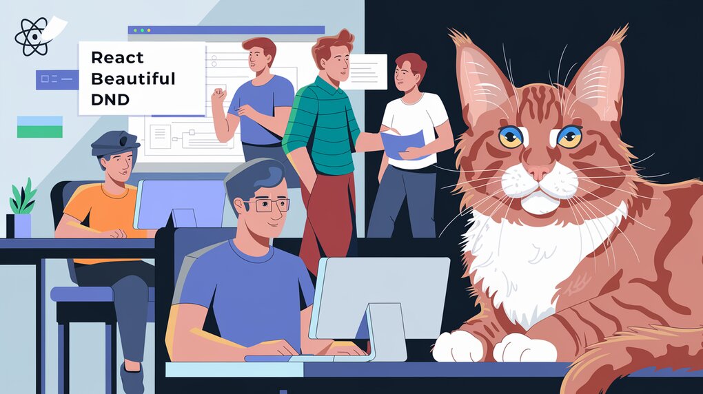 Developers working with React Beautiful DnD, with a red maine coon cat in the background.