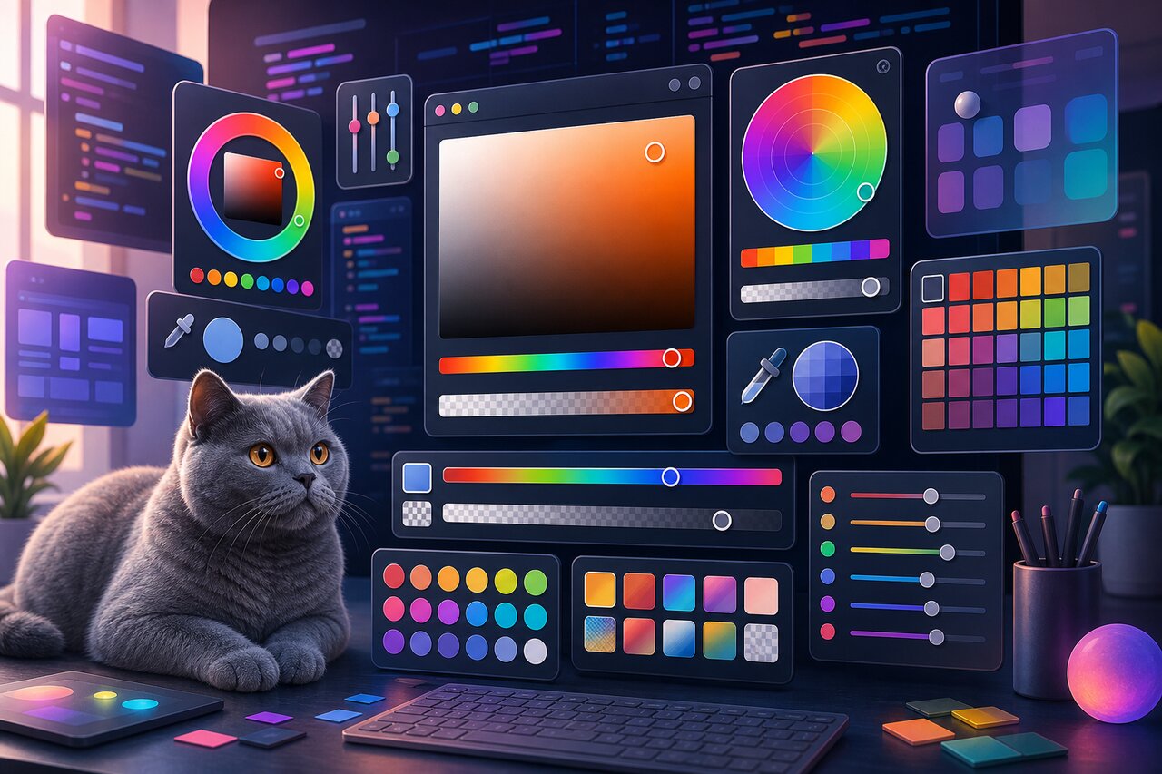 An open paint box of colorful swatches and color wheels on a wooden table, with a gray-blue cat watching from a shelf in the background.