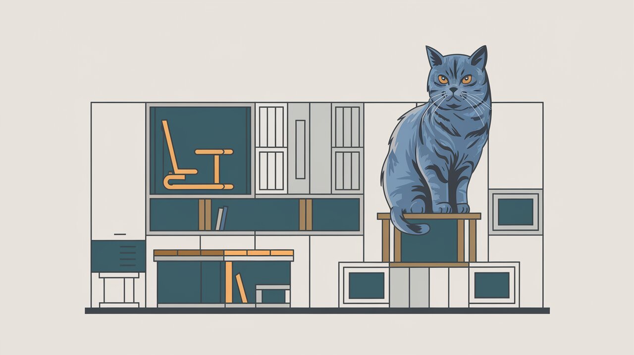 Flexible office layout with modular furniture and a British shorthair cat