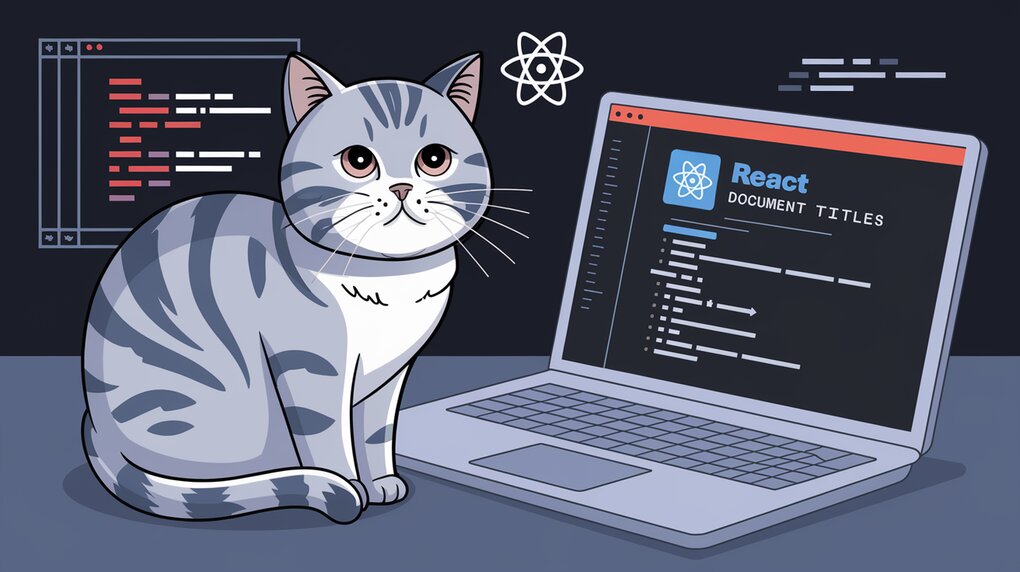 A gray cat sitting on a desk, surrounded by code and a laptop screen displaying a React application with a dynamic document title.