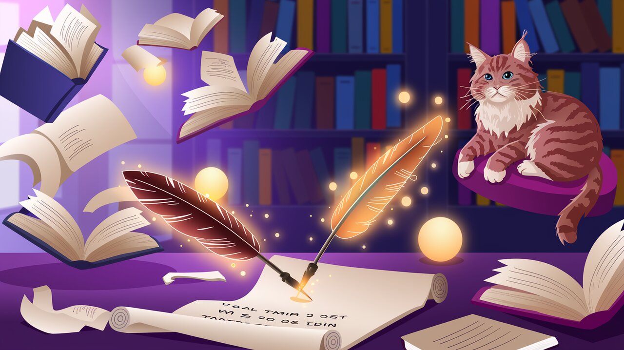 Magical library with floating books and self-writing quills