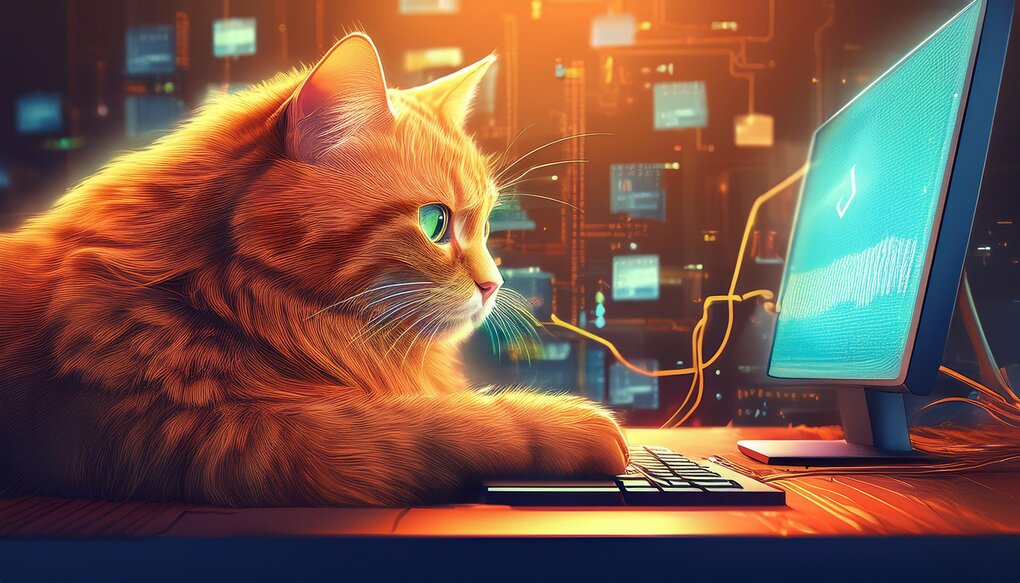 A big red maine coon cat using a computer