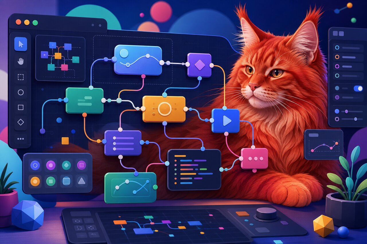 An interactive node graph hovering over a drafting table with a large red Maine Coon cat resting nearby.