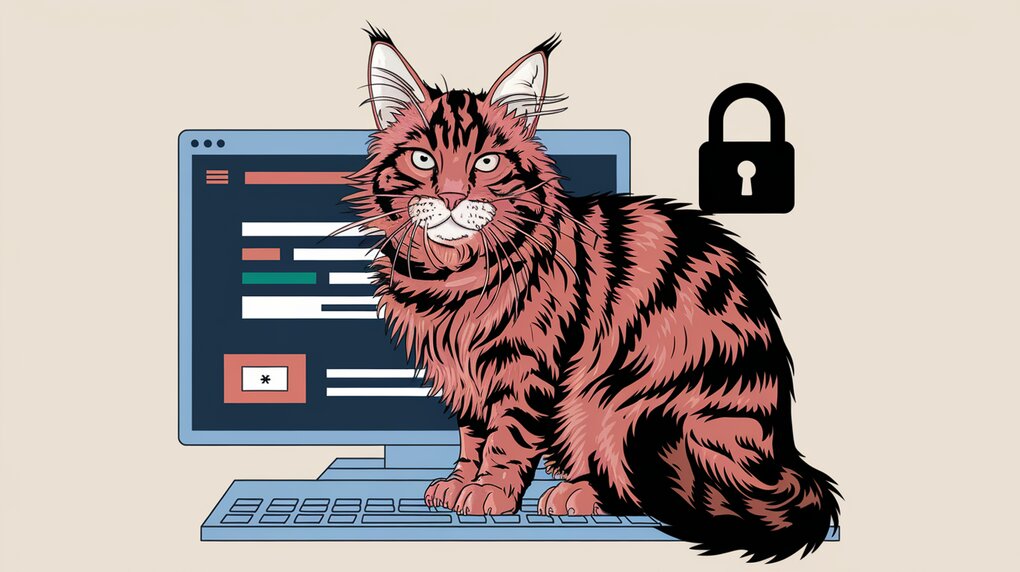 A big red maine coon cat sitting on a keyboard with a focus lock symbol in the background.