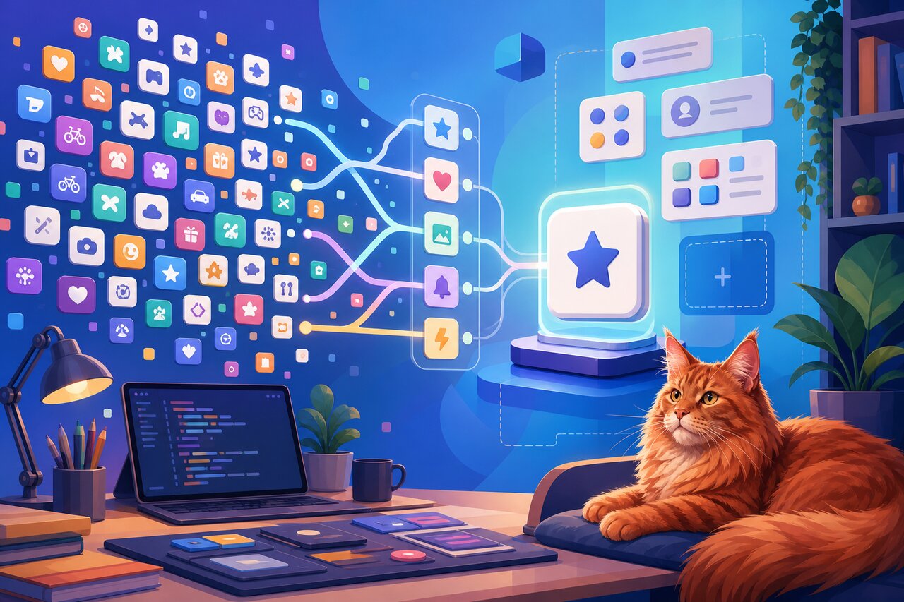A grid of SVG icons on a monitor with a large red Maine Coon cat resting on a shelf nearby.
